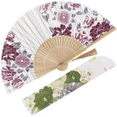 Imagem de BAICFQUK Ventoinhas de mão para mulheres, dobrável, dobrável, leque portátil, chinês, japonês, vintage, bambu, seda, leque dobrável para presente de festival de música de dança (peônia)