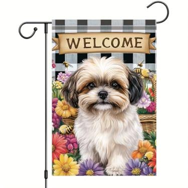 Imagem de Starlit Patio Bandeira de jardim primavera verão Shih Tzu bandeira de cachorro 30,5 x 45,7 cm bandeira dupla face fofa filhote de cachorro Buffalo xadrez floral decoração ao ar livre para varanda