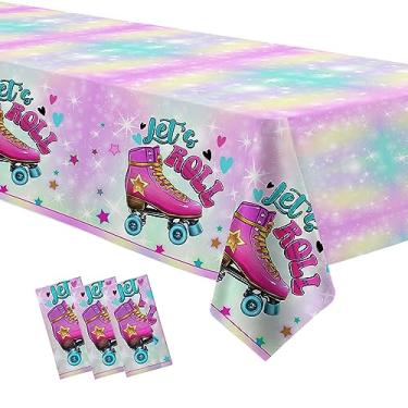 Imagem de APOWBLS Roller Skating Party Tablecloth Supplies for Girl, 3 Pack Disposable Pink Pastel Let's Roll Skate Party Decorations Table Cover, 54in x 108in