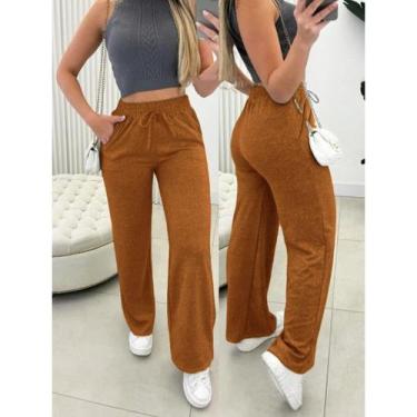 Imagem de Calça pantalona de lazinho feminina cintura alta com bolso pra inverno
