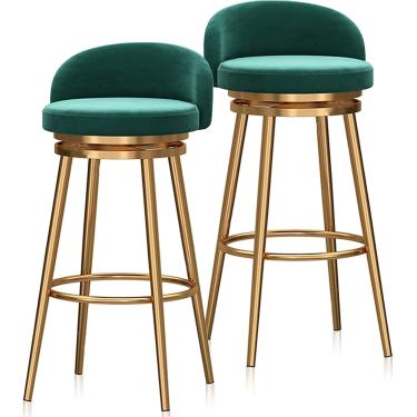 Imagem de Conjunto De 2 Banquetas Giratórias Modernas Estofadas Em Veludo Com Encosto, Apoio Para Os Pés Bancos Redondos Para Casa De Pub, Green, Black