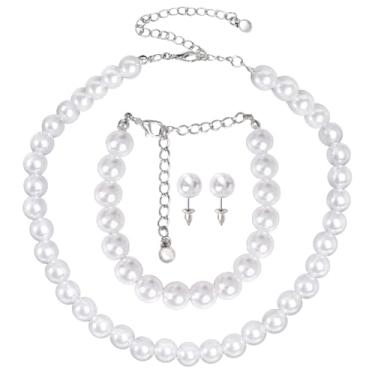 Imagem de Jmkcoz Conjunto de joias de casamento de pérolas para mulheres, colar de pérolas, pulseiras, brincos, bijuterias para noiva, dama de honra, festa de chá dos anos 20