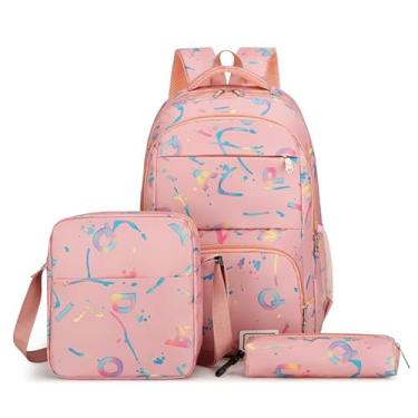 Imagem de sanjimida Conjunto de mochila escolar de 3 peças de 45,7 cm, estampa de letras, mochila com lancheira e estojo, preta ou rosa, rosa, Large, Escola