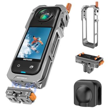 Imagem de REYGEAK Gaiola de alumínio para Insta360 X5, moldura utilitária protetora para Insta360 X5, suporte de base de liberação rápida com tampa de lente de silicone, dedos dobráveis de 1/4 rosca para