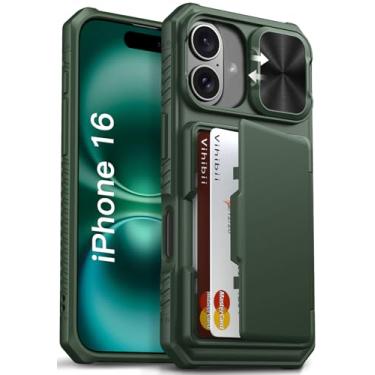 Imagem de Vihibii Capa para iPhone 16 com suporte para cartão (4 cartões) [bloqueio RFID] e capa de câmera deslizante, proteção contra quedas de grau militar, capa de telefone carteira rígida robusta e borda de