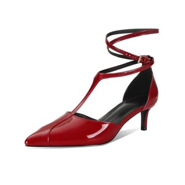 Imagem de XBKXMK Salto gatinho feminino bico fino sapato social de couro salto médio com tira em T, Vermelho, 38