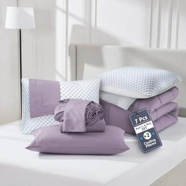 Imagem de Nestl Conjunto de edredom completo de 9 peças – Cama reversível roxa empoeirada em uma bolsa – Conjunto completo de cama de casal com lençóis, travesseiros refrescantes, fronhas e fronhas