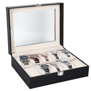 Imagem de Porta Relógios de Luxo em Couro, 6 e 10 Compartimentos, Organizador com Tampa de Vidro, Preto, Porta Jóias decorativo, para Quarto, Escritório, Sala (10 Gavetas)