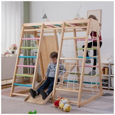 Imagem de Playground Interno Avenlur Magnolia 7-em-1, com Escorregador, Parede de Escalada, Rede de Escalada, Barra de Macaco e Balanço, Estilo
