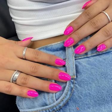 Imagem de SXVME Unhas Postiças Rosa Choque, Curtas Ovais Redondas Neon, Cola Fúcsia Amêndoa, Melhor Bastão Falso De Acrílico Cor Sólida Para Mulheres, 24 Peças Gel