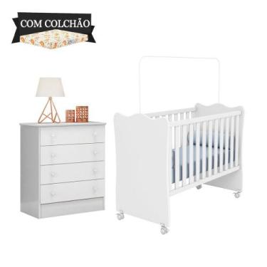 Imagem de Quarto Bebê Completo Doce Sonho Com Colchão E Rodízios Qmovi - Branco