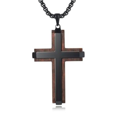Imagem de Ropartman Colar de cruz de madeira para homens, colar de cruz masculina de ébano real, pingente de crucifixo de madeira cristã, colar grátis, corrente de caixa redonda de 61 cm, madeira, aço