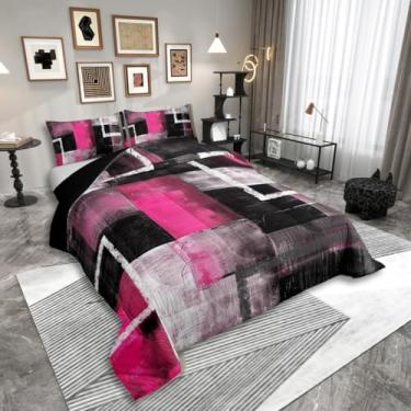Imagem de Erosebridal Conjunto de cama solteiro com arte geométrica abstrata, rosa, pintura a óleo, pintura a óleo, cinza, preto, moderno, geométrico, abstrato, estética