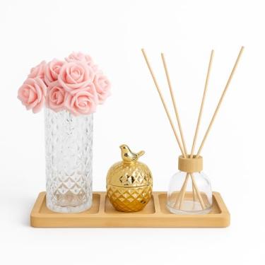 Imagem de Kit Decorativo com Vaso de Vidro, Rosas Artificiais, Pote com Tampa e Difusor em Bandeja de Bambu – Estilo Boho Chic para Sala, Lavabo, Banheiro e Aparador