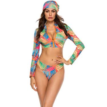 Imagem de Maiô feminino One Piece, biquíni estampado conservador, manga comprida dividida, maiô com zíper, conjunto de roupa de banho de três peças peça (cor: A, tamanho: pequeno)