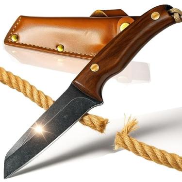 Imagem de Faca artesanal aço carbono 20cm lâmina 9cm cabo madeira bainha couro corte preciso cozinha churrasco pesca camping caça multiuso