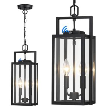 Imagem de Luminária pendente grande para uso externo, 2 luzes, 43 cm, crepúsculo ao amanhecer, moderno, preto, lustre externo, luminária suspensa no teto com vidro transparente para entrada da varanda frontal