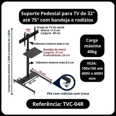 Imagem de Pedestal para TV, monitor 27" a 75" com bandeja e rodízios - Avatron S