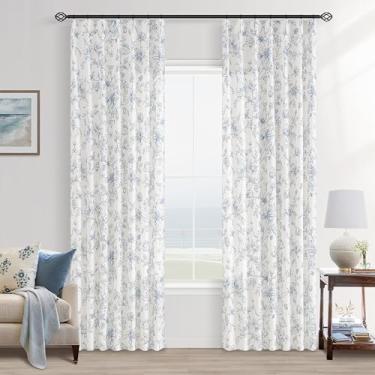 Imagem de Cortinas azuis plissadas de linho floral para sala de estar, 213 cm de comprimento, azul marinho, peônia, estampa de flor, cortina com estampa vintage de casa de fazenda com filtro de luz neutra para