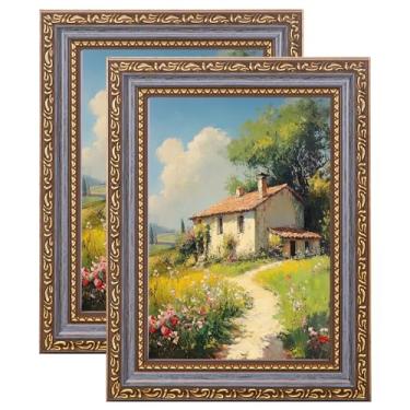 Imagem de eletecpro Conjunto de 2 porta-retratos 12 x 18 cm, molduras vintage 12 x 17 com vidro verdadeiro, exibe fotos 10 x 15 cm com tapete ou 12 x 17 sem tapete para decoração de mesa ou parede, ouro azul