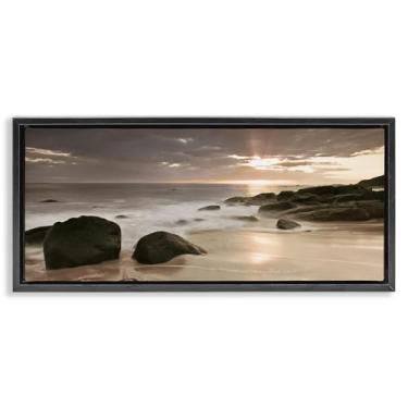 Imagem de Stupell Industries Arte de parede em tela flutuante emoldurada preta pôr do sol na praia da meia-noite por Assaf Frank, 35 x 78 cm