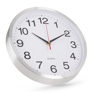 Imagem de bakbrand Relógio de parede com armação de metal, silencioso, redondo, sem tique-taque, relógio interno analógico operado por bateria, modernos relógios de parede de aço inoxidável para escritório