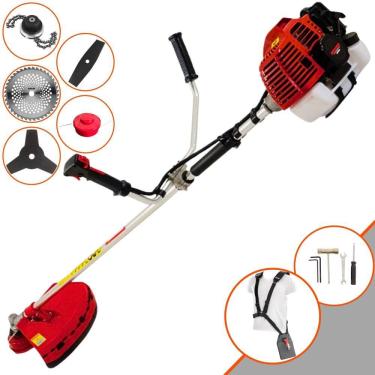 Imagem de Podador de Cortar Grama Kawashima KW52-L À Gasolina 2T 2,5HP 52cc Com Lâmina Facão + Lâmina 3 Pontas + Disco 40 Dentes + Trimmer + Carretel de Nylon