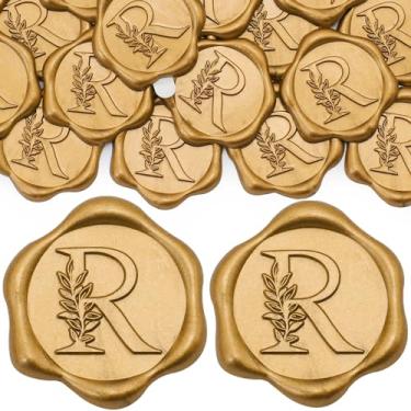 Imagem de SWANGSA Pacote com 200 adesivos de lacre de cera letra R, folhas botânicas douradas antigas com letras iniciais, adesivos de cera autoadesivos para envelopes de convite de festa de casamento