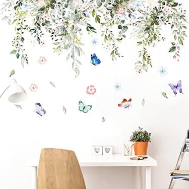 Imagem de ZARROUEA Decalques de parede de videira verde pendurados, plantas suculentas, glicínias, flores florais, borboletas, pássaros, adesivos de parede, vinil autoadesivo, removível, sala de estar, sofá, TV