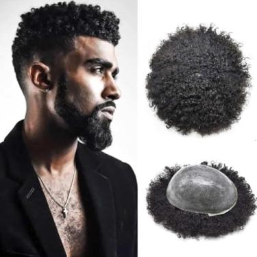 Imagem de Unidades de cabelo para homens negros Afro Kinky Curly peruca masculina peruca de substituição de cabelo humano afro-americano Curl peruca afro injetada PU para homens 1# Jet Black, 10 mm ondulado