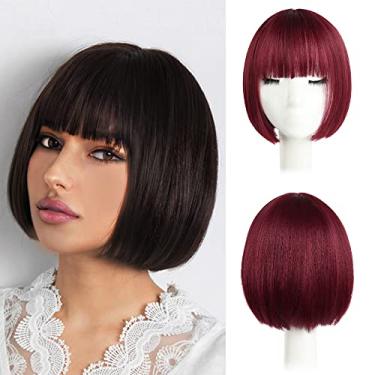 Imagem de HSPJHTM Perucas Bob Borgonha, Perucas de Cabelo Curto Bob 25,4 cm Liso com Franja Lisa Sintética Colorida Cosplay Peruca de Festa Diária para Mulheres Natural (Touca de Peruca Grátis)