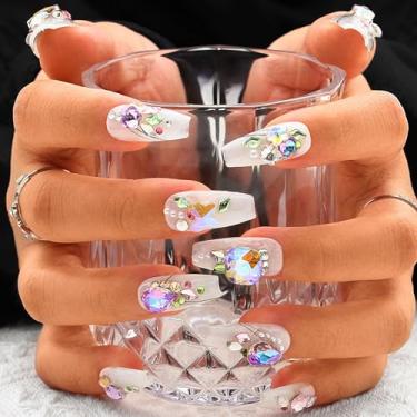 Imagem de Sethexy Pontas de unhas postiças feitas à mão com strass azul, unhas postiças com glitter, unhas postiças com design Arcylic com cola para mulheres e meninas, 10 peças (30, G)