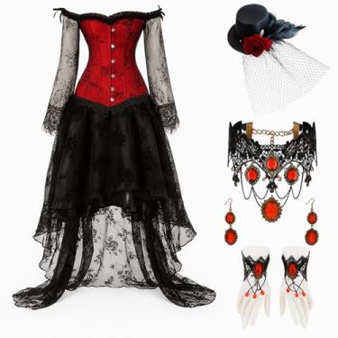 Imagem de Vabean Conjunto de saia e espartilho steampunk, conjunto de vestido renascentista, gótico, bustiê, meias vitorianas, brincos, pulseira, gargantilha de renda (elegância, M)