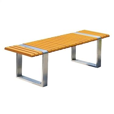 Imagem de Banco externo Bancos de parque modernos sem encosto, bancos externos com moldura de aço inoxidável e assentos, assentos de lazer duráveis de 148 cm para jardim, pátio, caminho, deck, bancos de jardim