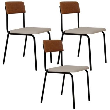 Imagem de Kit 03 Cadeiras Estofada Para Sala De Jantar Sense Preto C01 Linho Palha Courino Caramelo - Lyam Decor