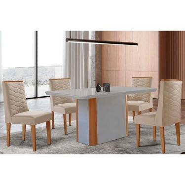 Imagem de Conjunto Sala de Jantar Pietá c/ Tampo Madeirado c/ Vidro Canto Curvo 120x80cm e 4 Cadeiras Dafne Madeira Maciça Naturale/Off White - Capuccino/Suede 