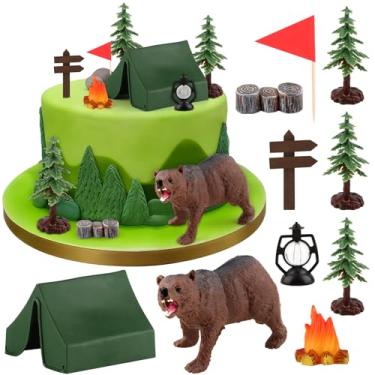 Imagem de Hooqict Decorações de bolo de acampamento com mini barraca, fogueira, árvore, placa de acampamento, topos de bolo de acampamento de animais e topos de cupcake para decoração de festa de aniversário