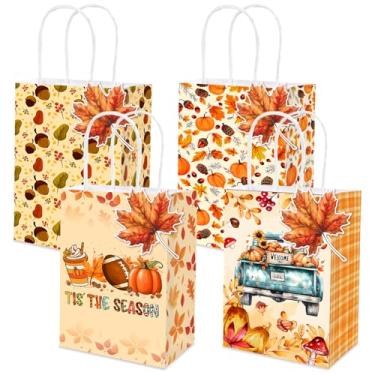 Imagem de MUZRUYOU Sacos de lembrancinha de festa com tema de outono com alças e etiquetas de folha de bordo, 16 bolsas temáticas de outono, 4 estilos, perfeitas para festas de aniversário ou chás de bebê de