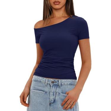 Imagem de Blusas Darong Off Shoulder assimétricas Y2k azul marinho para mulheres