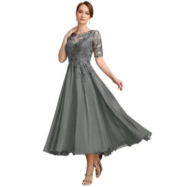 Imagem de Vestido Mãe da Noiva GATMAHE de renda cinza alto-baixo tamanho 14
