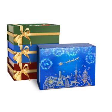 Imagem de NOVELTYBOXUSA Caixas de presente de Natal com tampas 24 x 19 x 8 cm, caixa de presente magnética azul de Natal com fita para cartão de presente, envelope de papelão, caixa de embrulho de presente para