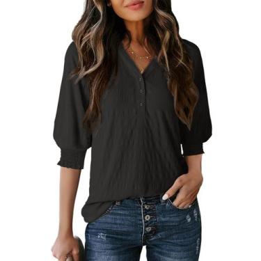 Imagem de Camisa Dokotoo de manga curta com decote em V preta texturizada para m