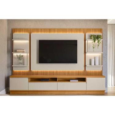 Imagem de Home P/ Tv Até 70 Pol São Paulo Ripado C/ 4 Gav. 6 Prateleiras E Leds 297x198cm Tauari/off White Fosco - Linea Brasil
