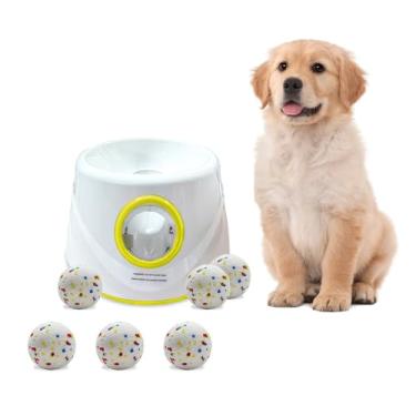 Imagem de Mloowa Lançador automático de bolas de tênis para cães, lançador interativo de brinquedo para cães, pés de distância ajustável, inclui bolas pequenas de 5,8 cm (amarelo)