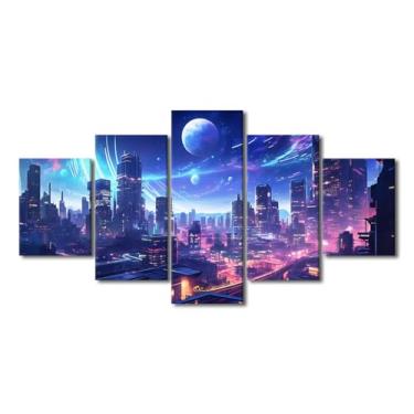 Imagem de 5 peças arte de parede em tela Cyberpunk Streets pintura de parede cidade futurista pôsteres imagens estilo Cyberpunk decorações de casa para sala de estar emoldurado esticado pronto para pendurar
