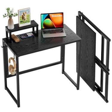 Imagem de SOROGRA Mesa dobrável com suporte para monitor, mesa de computador dobrável de 81,5 cm com gancho, mesa de escrita resistente para economia de espaço pequeno para dormitório de escritório em casa