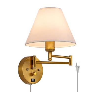 Imagem de Arandelas de parede de braço giratório, lâmpada de parede plug-in, lâmpada de parede de quarto, sombra de tecido branco, com interruptor regulável e porta de carregamento USB, adequado para cabeceira