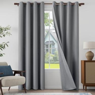Imagem de Cortinas cinza 100% blackout de linho texturizadas, 203 cm de comprimento, conjunto de 2 painéis para sala de estar, quarto, cortinas leves com ilhós, proteção total de privacidade, cinza, 132 cm L x