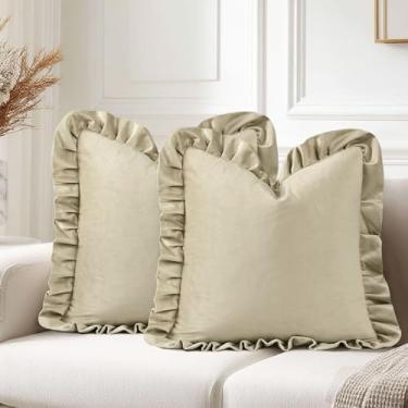 Imagem de JIUZHEN Capas de almofada de veludo bege 50 x 50 cm para sofá, sala de estar, cama, conjunto de 2 fronhas decorativas com babados