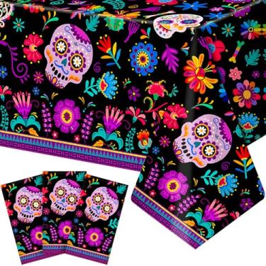 Imagem de Frienda 3 peças de toalha de mesa mexicana Dia dos Mortos decoração 137 x 272 cm Fiesta floral descartável suprimentos de festa Sugar Skull Birds para Dia de Los Muertos Halloween (caveira)